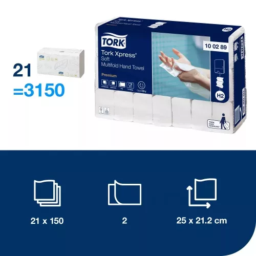 Tork Xpress® Soft Multifold hajtogatott kéztörlő - 2 rétegű, hófehér, 150 lap (Karton - 21 csg)