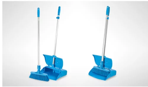 Igeax élelmiszeripari seprű, partvis, 28cm széles, 80cm nyéllel, kék, billenő szemetes lapáthoz