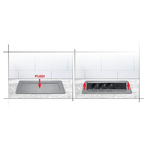 Commel bútorba süllyeszthető,rejtett elosztó 3 db aljzat, USB A+C nikkel ezüst, 16A 3680W