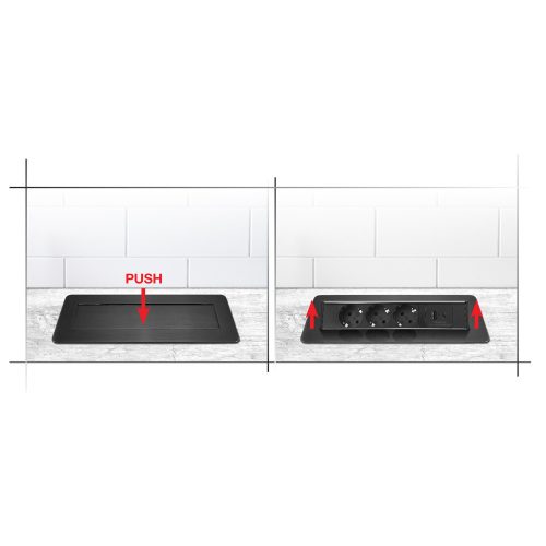 Commel bútorba süllyeszthető, rejtett elosztó 3 db aljzat, USB A+C fekete, 16A 3680W