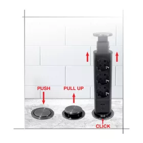  Commel bútorba építhető, rejtett elosztó 3 db aljzat, USB A+C fekete+szürke gyürü 16A 3680W
