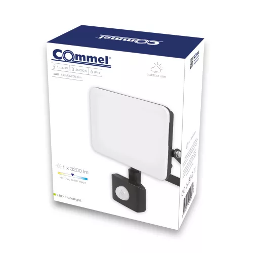 Commel LED reflektor 30 W 3200 lm, 4000K mozgásérzékelővel tömszelencés IP65