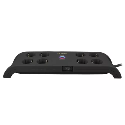Commel elosztó, túlfeszültség elleni védelemmel, 8 aljzat és 2 db USB csatlakozóval, 2m, fekete, 16A, 3680W