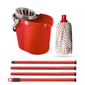   Fass felmosó szett ovális vödörrel, szintetkus moppal, nyéllel, csavarókosárral  piros