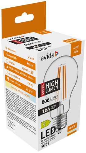 Avide LED Filament Globe 4.9W E27 A60 NW 4000K Super High Lumen