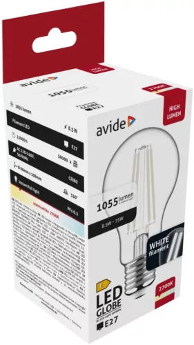 Avide LED White Filament Globe 8.5W E27 WW 2700K