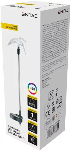 Entac Kerti Szolár Lámpa 340mm RGB Rozsdamentes acél kolibri forma