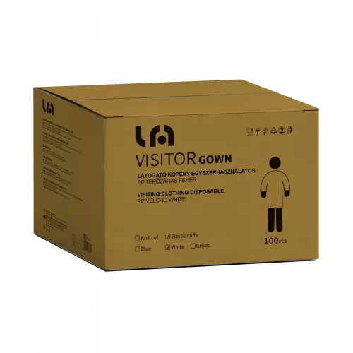 Látogató köpeny egyszerhasználatos PP tépőzáras fehér 110x135cm, 28g, L
